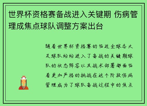 世界杯资格赛备战进入关键期 伤病管理成焦点球队调整方案出台